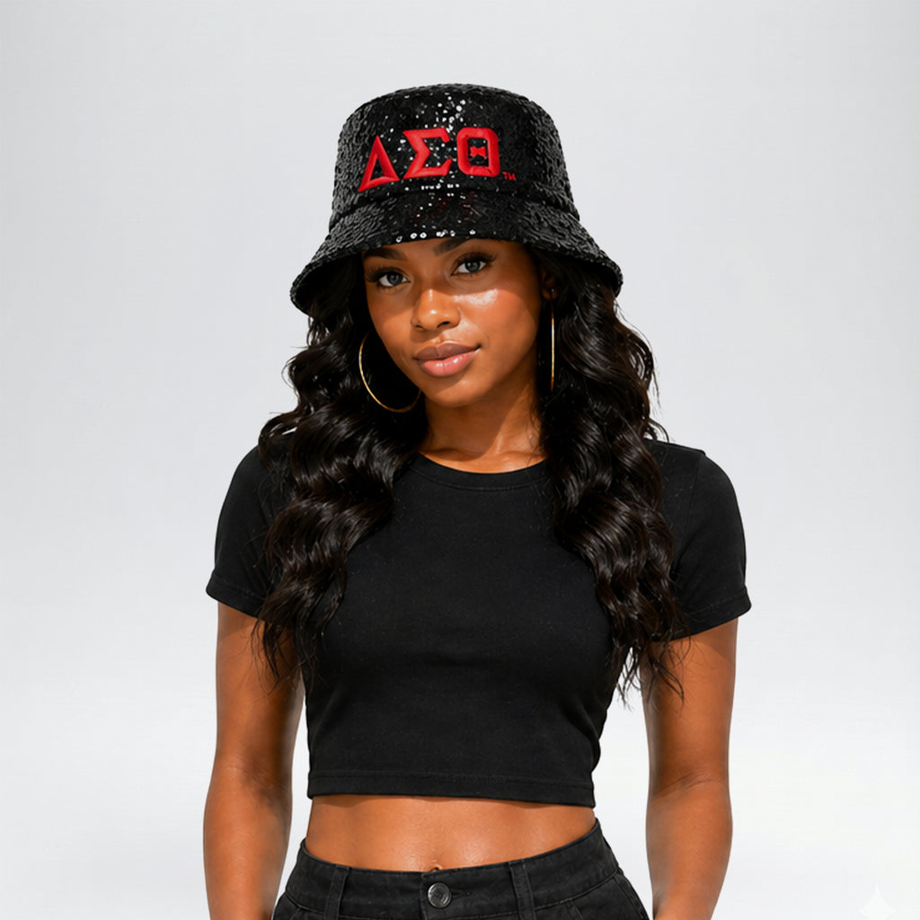 Official Licensed Delta Sigma Theta Sequin Bucket Hat _ Black