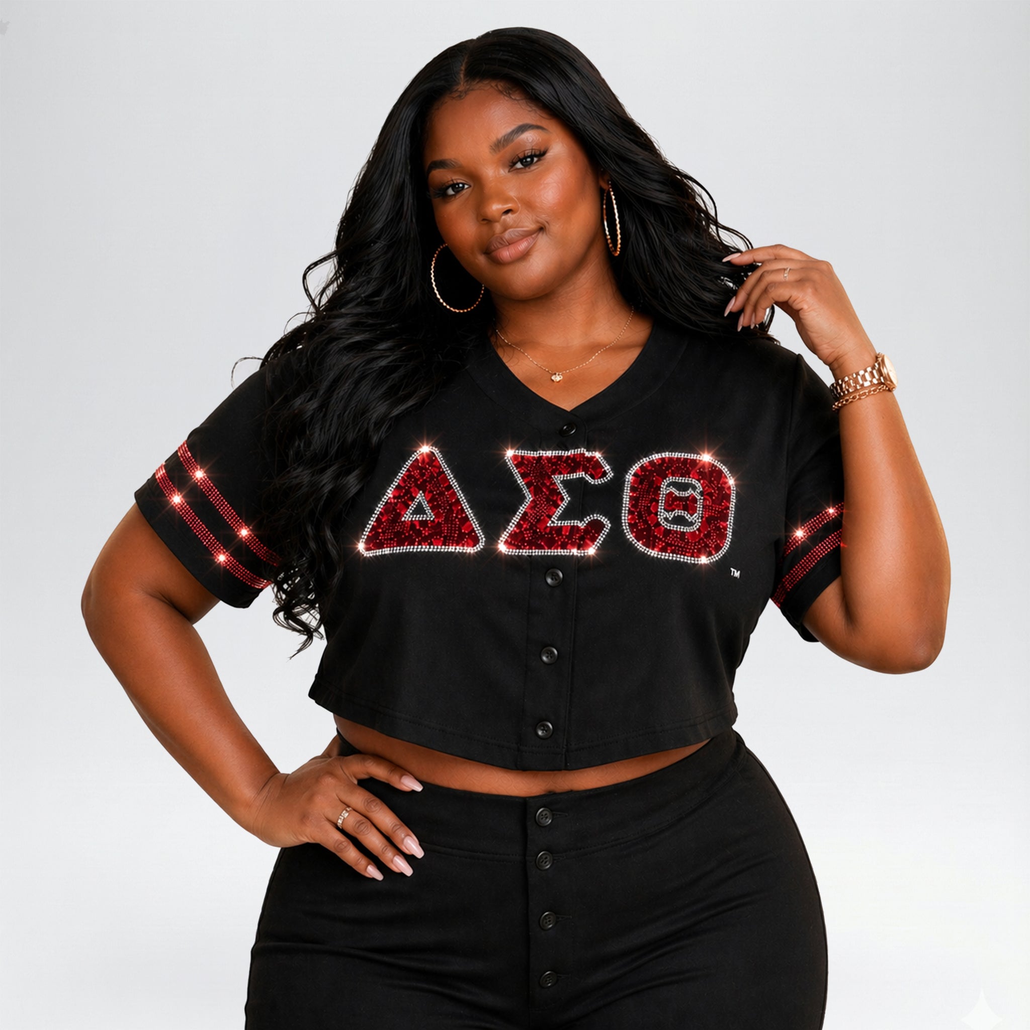 Plus Size Delta Sigma Theta Rhinestone Baseball Jersey – DST Official Licensed Sorority Apparel for Women | Classic Black