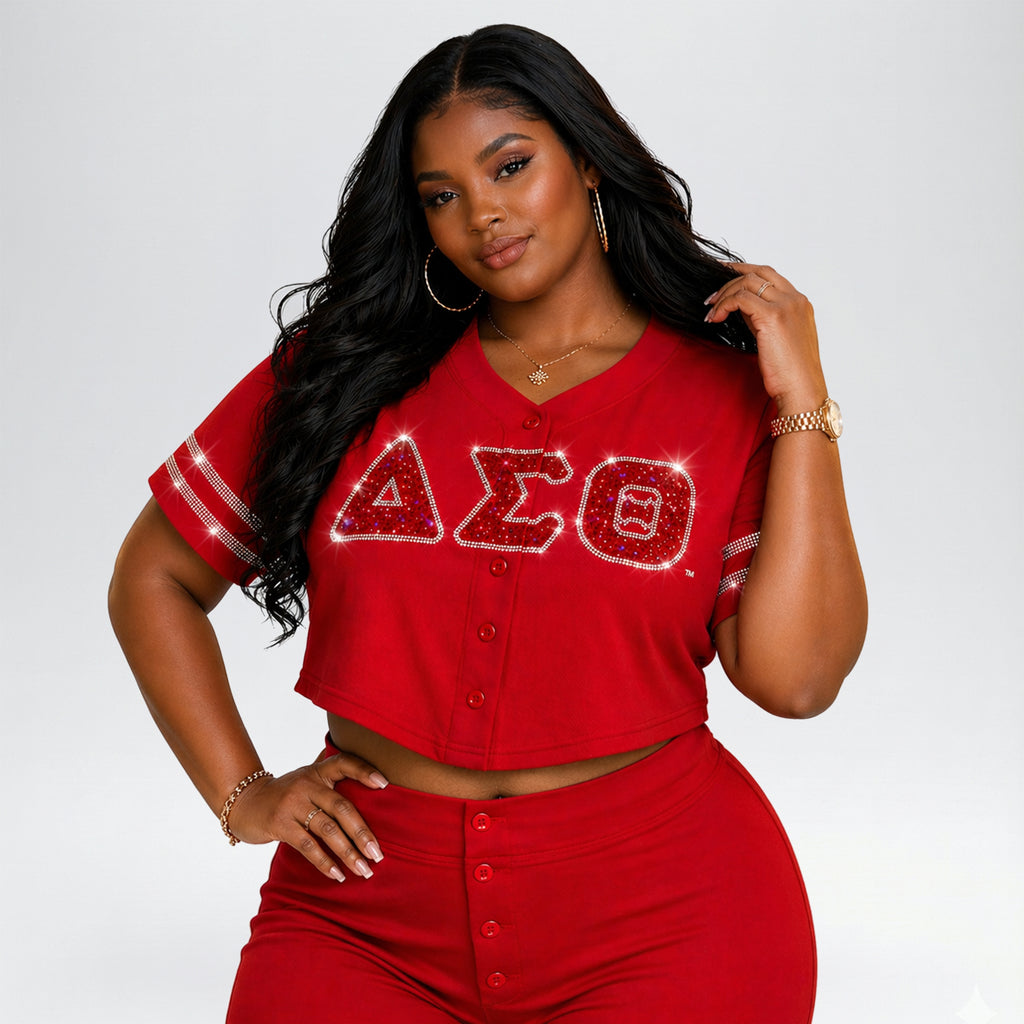 Plus Size Delta Sigma Theta Rhinestone Baseball Jersey – DST Official Licensed Sorority Apparel for Women | Crimson Red