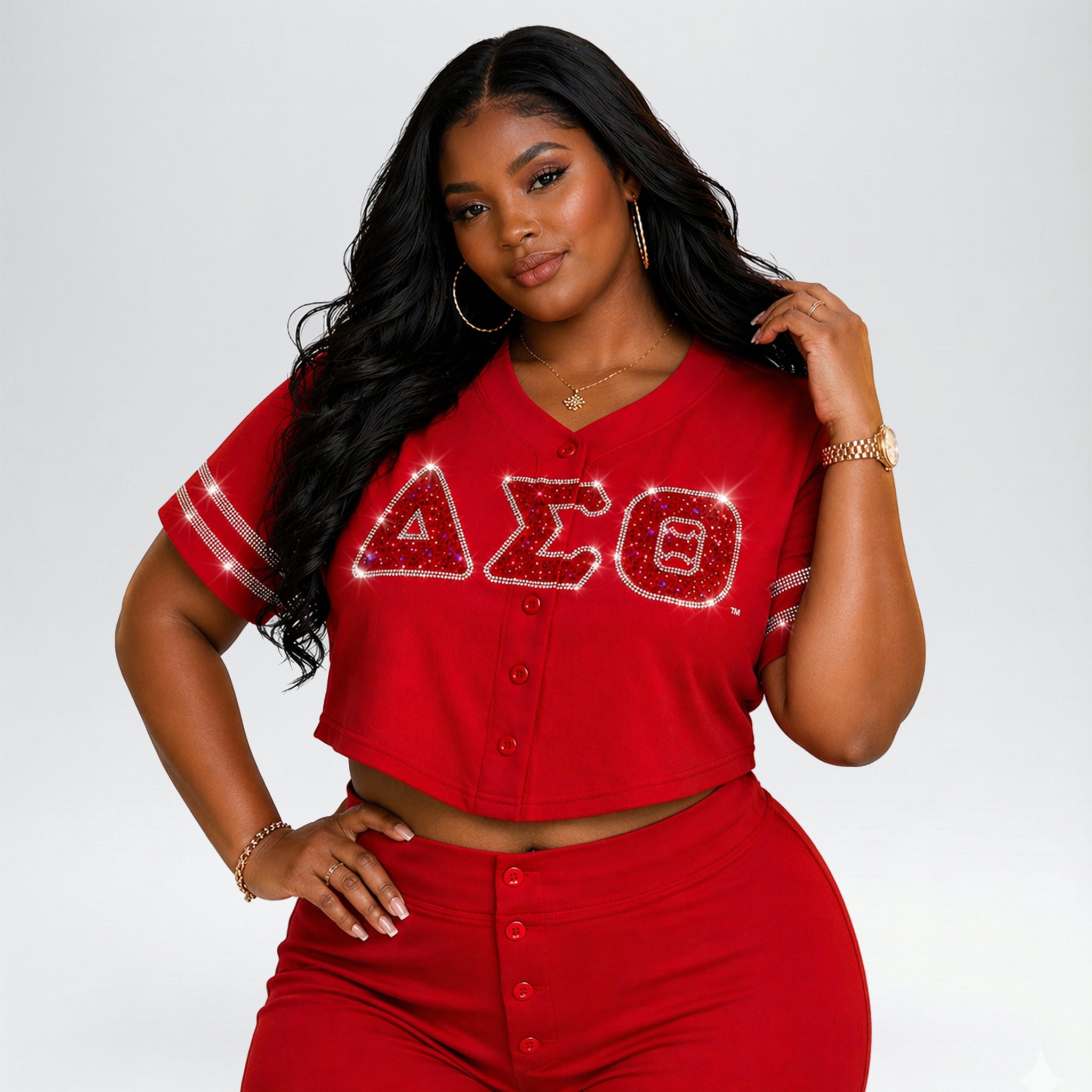 Plus Size Delta Sigma Theta Rhinestone Baseball Jersey – DST Official Licensed Sorority Apparel for Women | Crimson Red