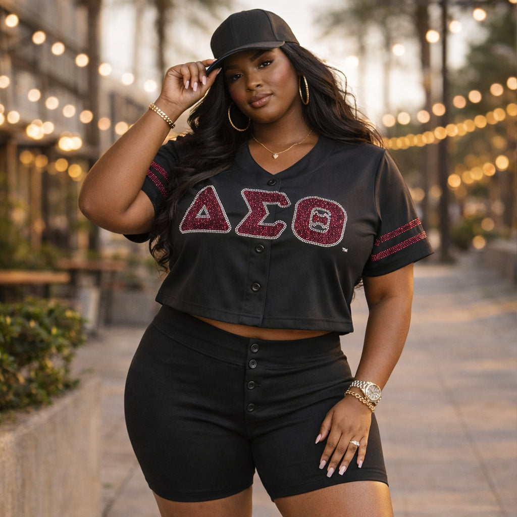 Plus Size Delta Sigma Theta Rhinestone Baseball Jersey – DST Official Licensed Sorority Apparel for Women | Classic Black