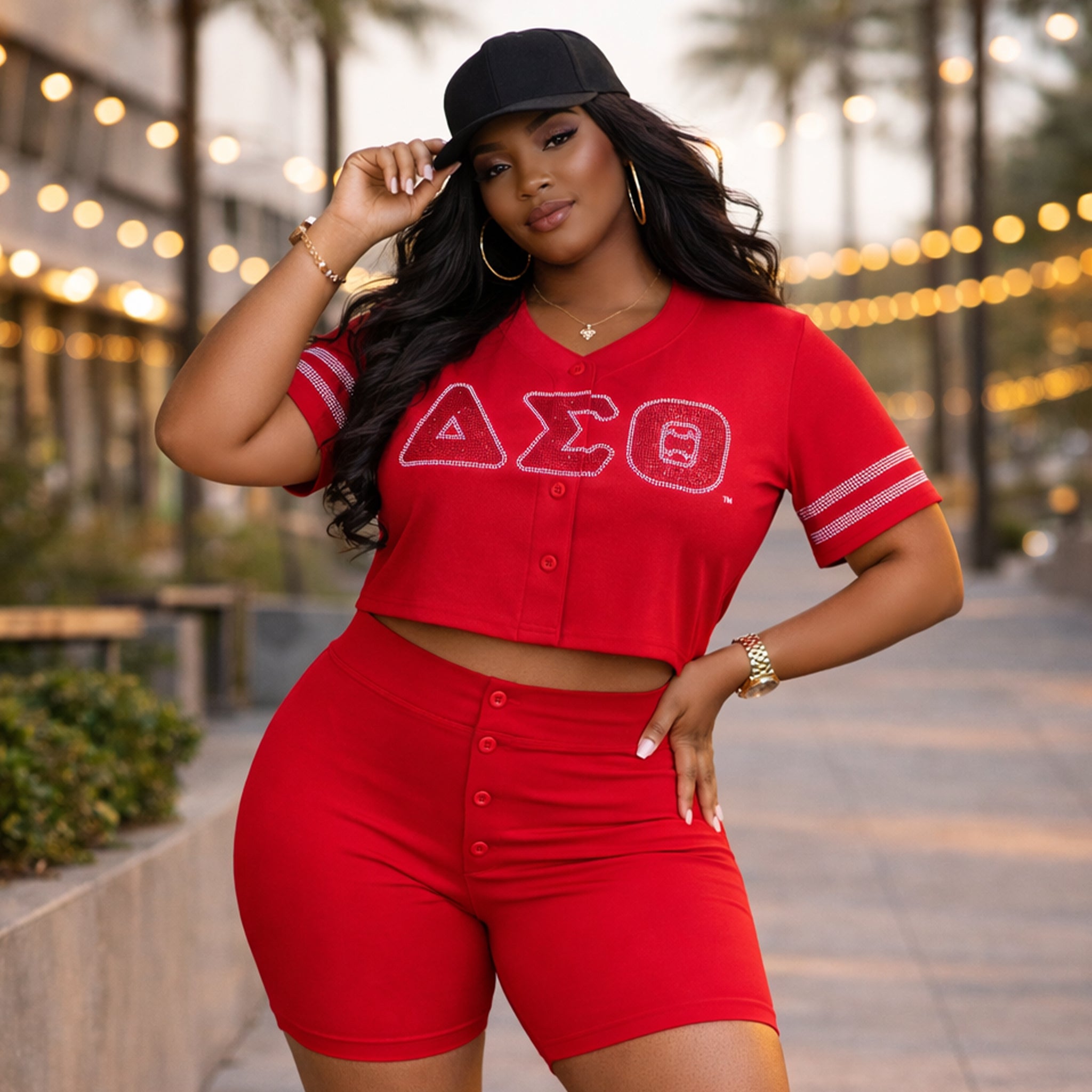 Plus Size Delta Sigma Theta Rhinestone Baseball Jersey – DST Official Licensed Sorority Apparel for Women | Crimson Red