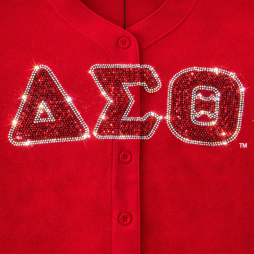 Plus Size Delta Sigma Theta Rhinestone Baseball Jersey – DST Official Licensed Sorority Apparel for Women | Crimson Red