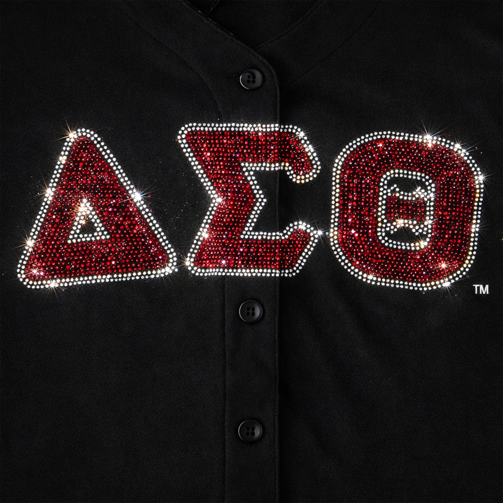 Plus Size Delta Sigma Theta Rhinestone Baseball Jersey – DST Official Licensed Sorority Apparel for Women | Classic Black