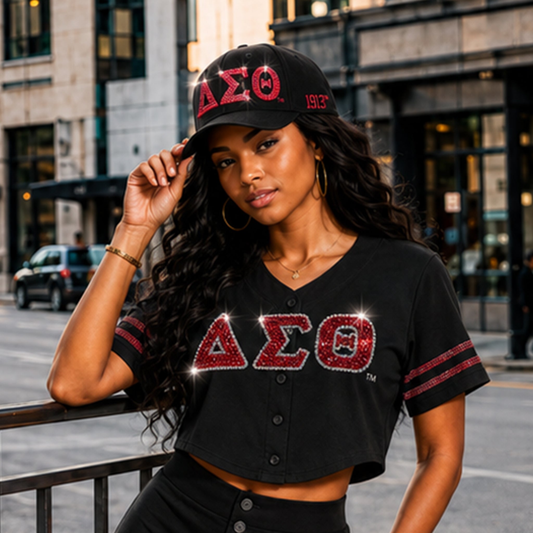 Delta Sigma Theta Official Licensed Rhinestone Baseball Cap _ Black