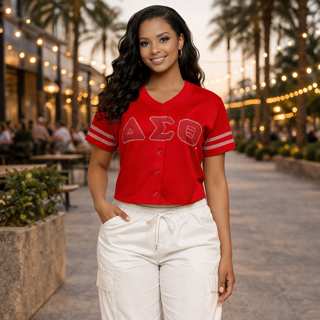 Delta Sigma Theta Rhinestone Baseball Jersey – DST Official Licensed Sorority Apparel for Women | Crimson Red