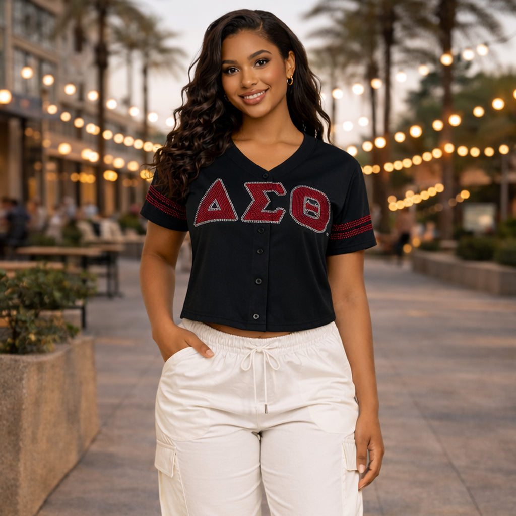 Delta Sigma Theta Rhinestone Baseball Jersey – DST Official Licensed Sorority Apparel for Women | Classic Black