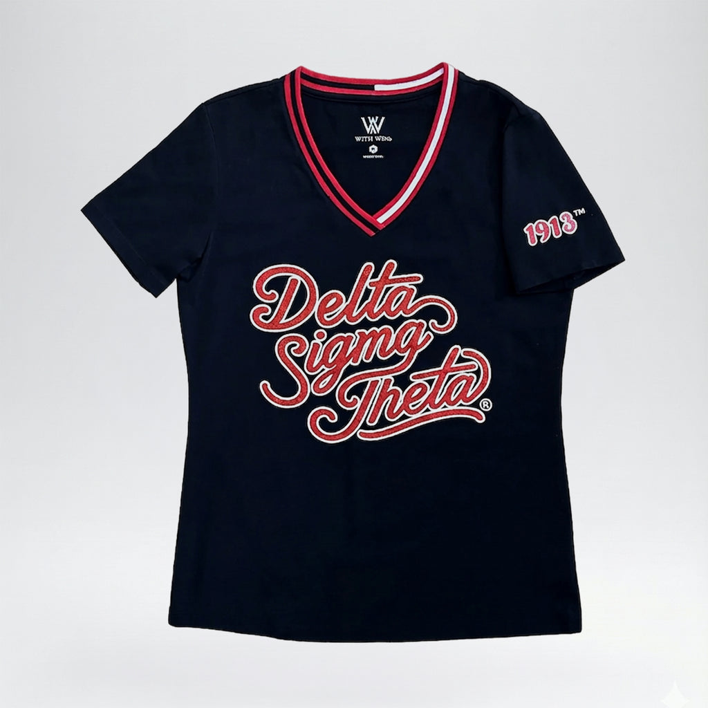 [PRE ORDER] Delta Sigma Theta Glitter V-Neck Shirt – DST 1913 Official Licensed Sorority T-Shirt for Women (Black)
