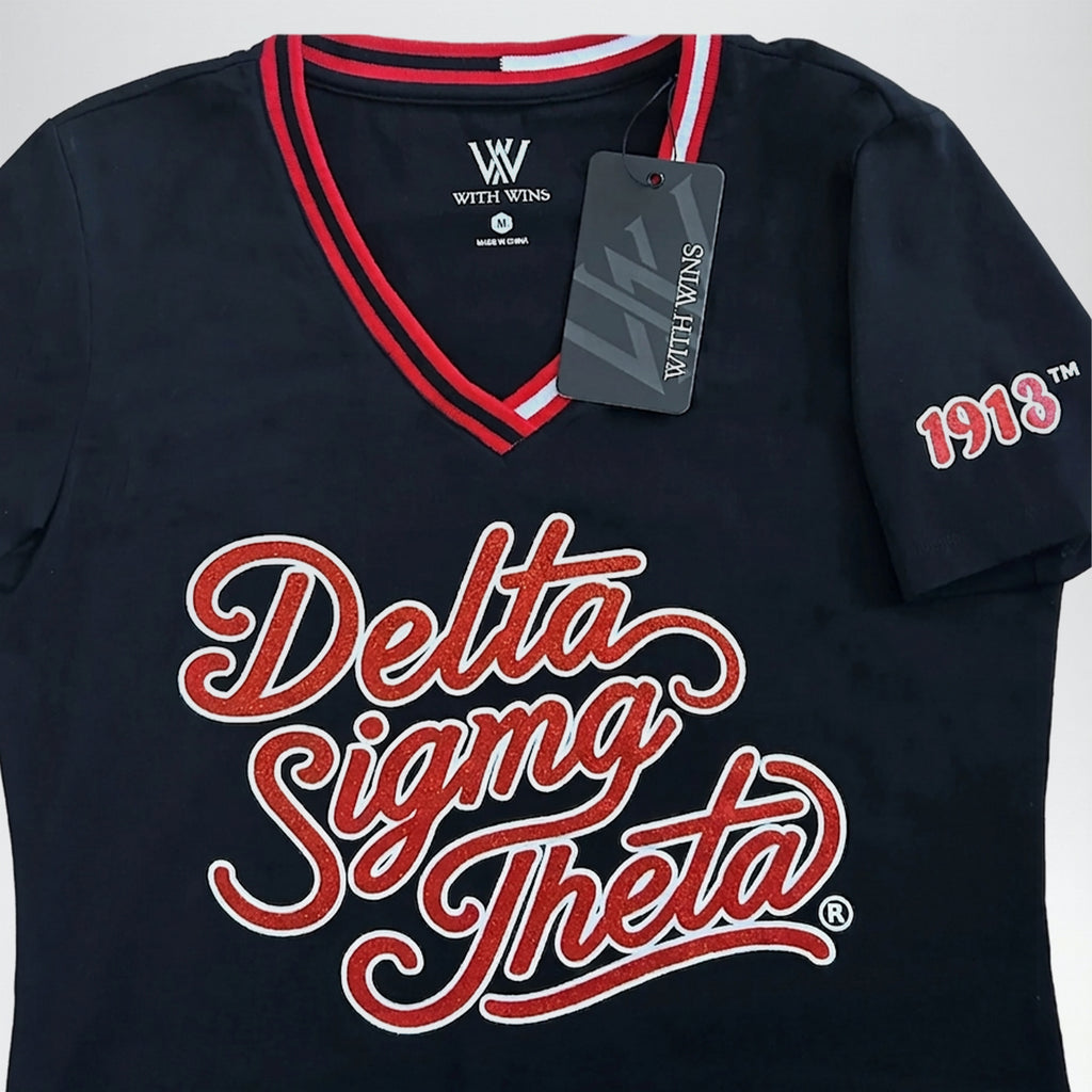 [PRE ORDER] Delta Sigma Theta Glitter V-Neck Shirt – DST 1913 Official Licensed Sorority T-Shirt for Women (Black)