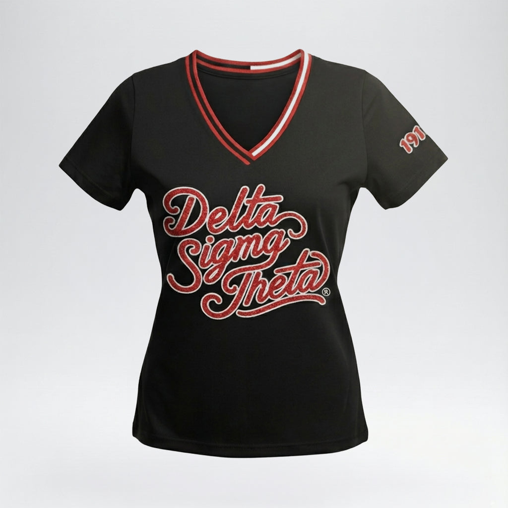 [PRE ORDER] Delta Sigma Theta Glitter V-Neck Shirt – DST 1913 Official Licensed Sorority T-Shirt for Women (Black)