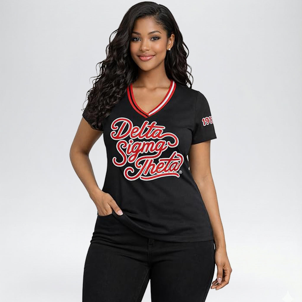 [PRE ORDER] Delta Sigma Theta Glitter V-Neck Shirt – DST 1913 Official Licensed Sorority T-Shirt for Women (Black)