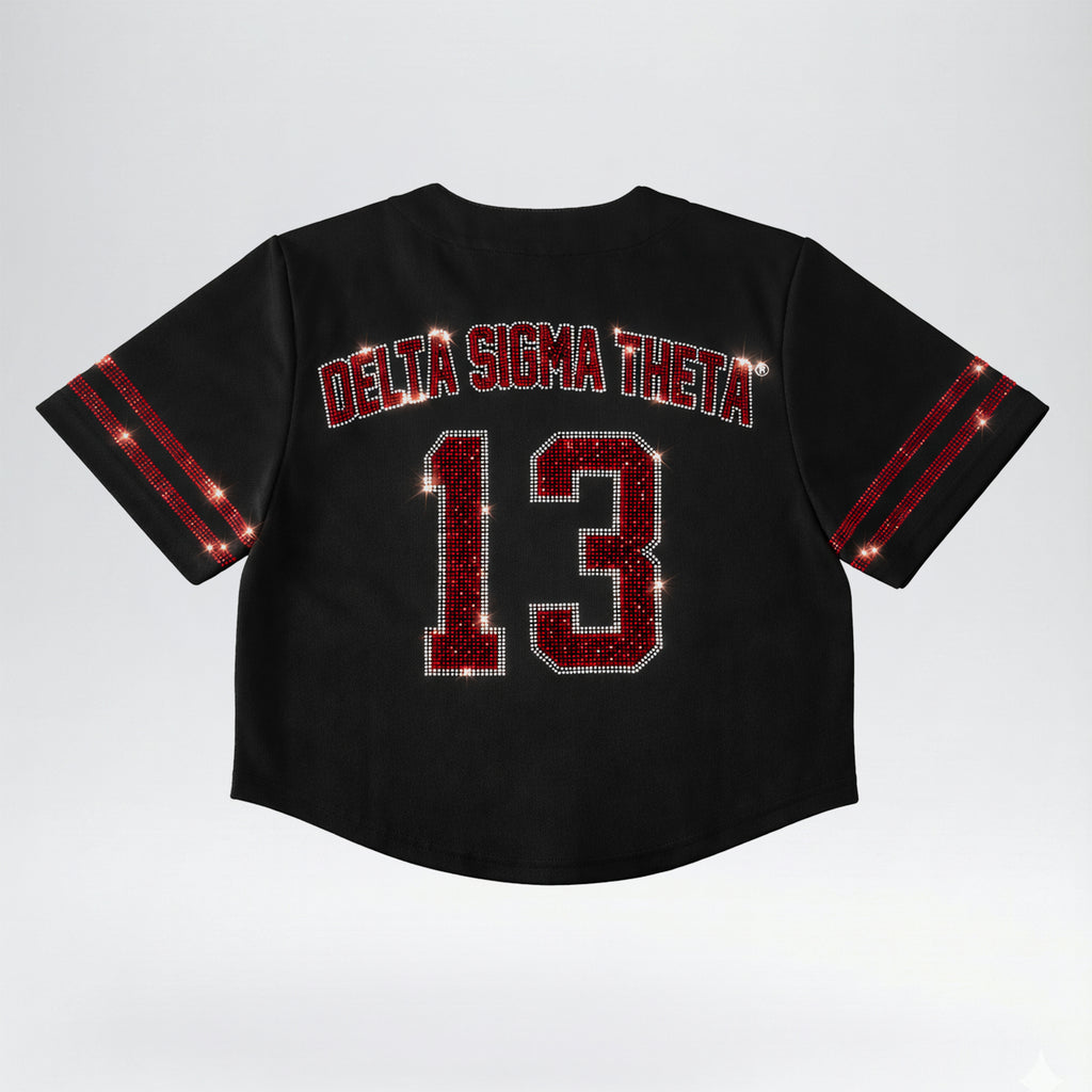 Plus Size Delta Sigma Theta Rhinestone Baseball Jersey – DST Official Licensed Sorority Apparel for Women | Classic Black