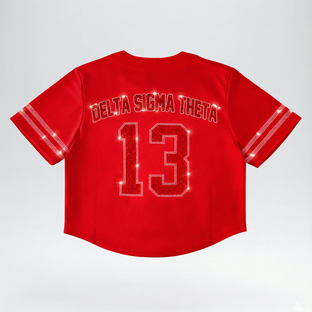 Plus Size Delta Sigma Theta Rhinestone Baseball Jersey – DST Official Licensed Sorority Apparel for Women | Crimson Red