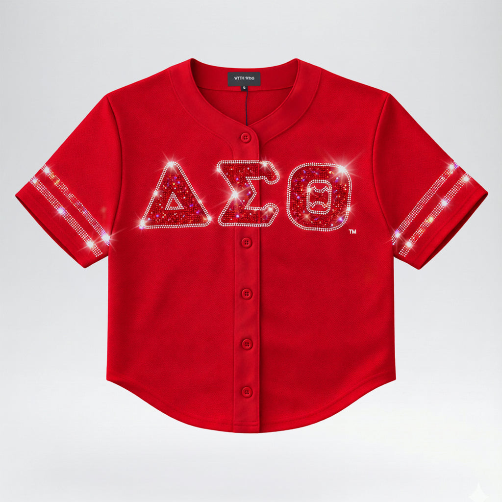 Plus Size Delta Sigma Theta Rhinestone Baseball Jersey – DST Official Licensed Sorority Apparel for Women | Crimson Red