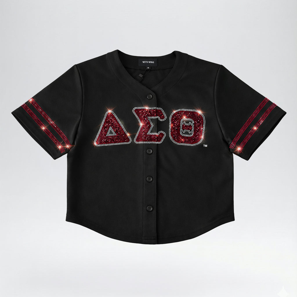 Plus Size Delta Sigma Theta Rhinestone Baseball Jersey – DST Official Licensed Sorority Apparel for Women | Classic Black